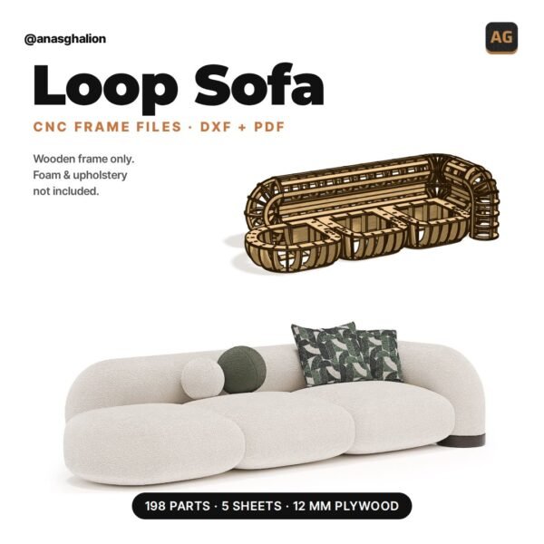 Loop Sofa CNC frame files – plywood frame and finished sofa